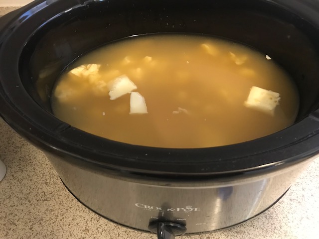 chicken and noodle ingredients in crockpot